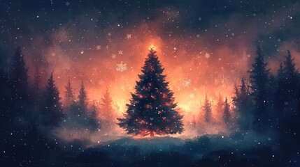 Naklejka premium Illuminated Christmas tree in a snowy forest at night.