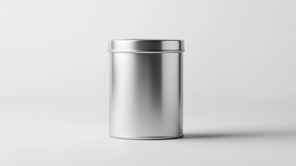 Silver tin can isolated on a white background for packaging and container design concepts in a minimalist aesthetic.