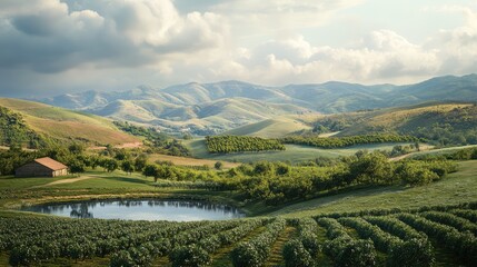 Naklejka premium Scenic agricultural landscape featuring apple orchards, a dam reservoir, and rolling hills under a cloudy sky.