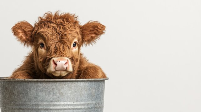 Adorable Highland calf peeking from a galvanized tub against a white background.