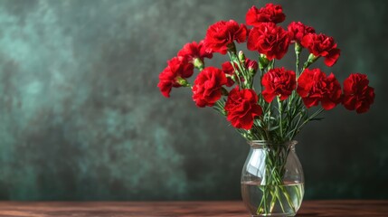Elegant arrangement of vibrant red carnation flowers in a clear glass vase against a textured green background on a wooden surface