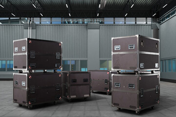 Containers on wheels for filming equipment. Ply boxes inside warehouse. Containers with exhibition...