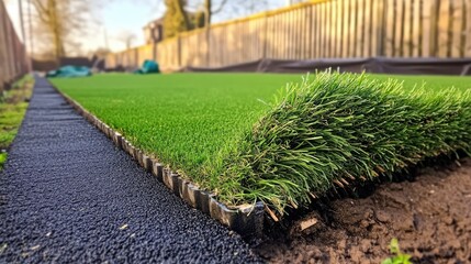 Artificial grass installation process with cut and rolled turf being secured along a fence using nails by a professional installer