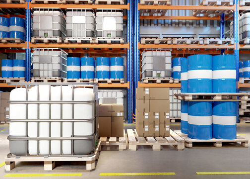 Chemical warehouse. Storage with IBC and barrels. Containers for transporting chemical products. Barrels and boxes on warehouse pallets. Interior warehouse with multi-tiered shelving. 3d image