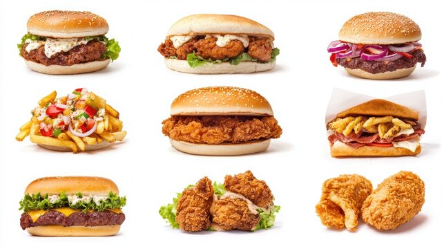 Variety of Fast Food Classics including Burgers Fried Chicken Tacos Pizza and More on White Background Perfect for Culinary Marketing