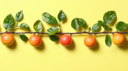 Branch of ripe oranges with green leaves on yellow background.