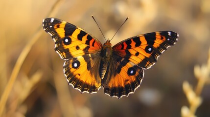 Obraz premium Vibrant orange butterfly soaring against a blurred natural background showcasing intricate wings and striking colors in sunlight