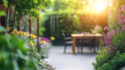 Serene garden terrace with blooming flowers and wooden dining table illuminated by warm sunlight during golden hour.