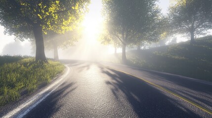 Fototapeta premium Serene road scene with sunrays illuminating mist and creating intricate shadows of trees on the pavement in a peaceful landscape setting