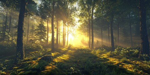 Obraz premium Serene Sunrise Forest Misty Woods Golden Light Mossy Path