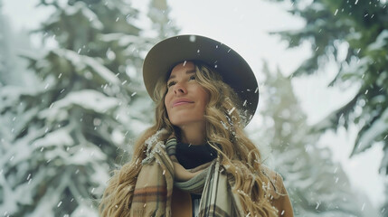 portrait of a woman in a brimmed hat against a background of a snowy forest or park. It is snowing