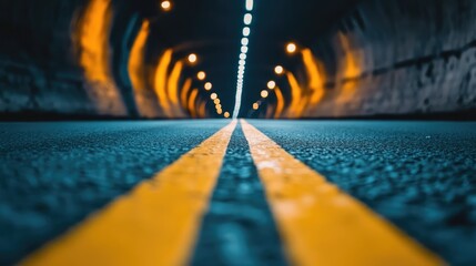 Detail of an underground tunnel with illuminated pathway and striped road markings showcasing an...