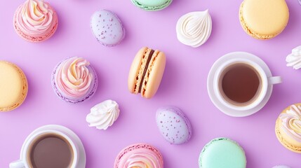 Colorful macarons and coffee cups arranged on a trendy pastel lilac background showcasing a delightful dessert spread from a top view perspective