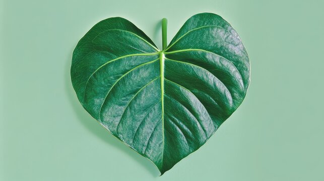 Vibrant green heart-shaped leaf with glabrous texture on a soft green background showcasing nature's beauty and unique leaf shapes.