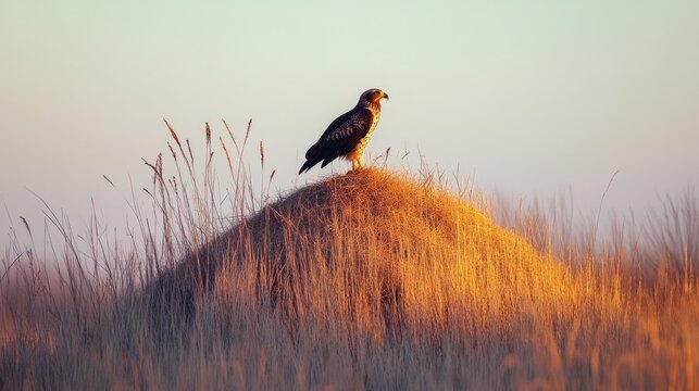 Western marsh harrier perched on a mound in tall grass at sunset showcasing vibrant colors in natural landscape of Toledo region