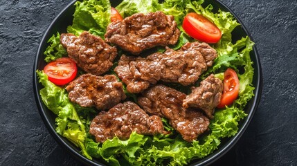 Fototapeta premium Grilled beef fillet on a bed of fresh salad leaves topped with cherry tomatoes for a healthy meal presentation