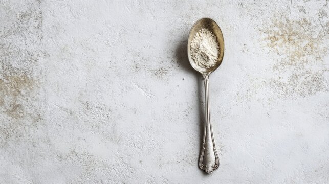 Solitary tablespoon of organic dried powder on rustic surface for healthy detox recipes and raw vegan smoothie or juice ingredients