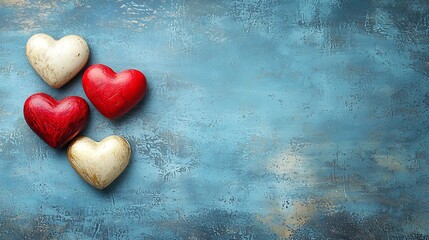 Fototapeta premium Romantic Hearts on Rustic Blue Background