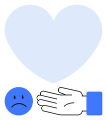 Hand extended in giving gesture, sad face emoticon, large heart. Ideal for empathy, compassion, support, charity, love kindness altruism. Line metaphor