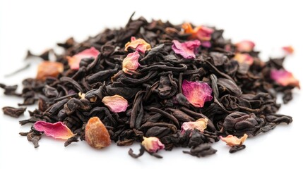 Dried fruit and flower petals in black tea creating a natural and delicious herbal blend for aromatic beverages