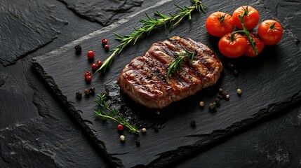 European cuisine collage featuring grilled steak, fresh herbs, and tomatoes on a dark stone background in a gourmet presentation.