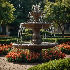 A water fountain surrounded by neatly trimmed flowerbeds.

