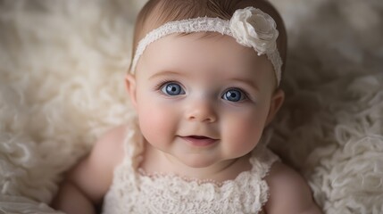 Adorable baby girl with blue eyes smiling on soft textured background perfect for family announcements or greeting card designs