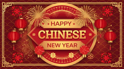 Chinese New Year Banner Design with Elegant Red and Gold Decorations.Chinese, New Year,China.