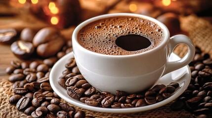 Fototapeta premium Coffee cup surrounded by roasted coffee beans creating a warm and inviting atmosphere perfect for cafÃ© and food photography.