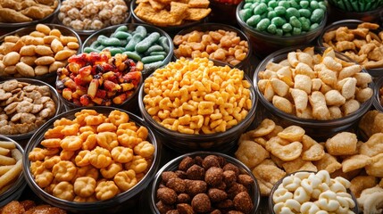 Variety of colorful snacks arranged in bowls for event catering and party celebrations showcasing diverse flavors and textures