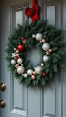 A beautiful Christmas wreath with red and silver ornaments hanging on a door, perfect for holiday-themed designs and backgrounds.