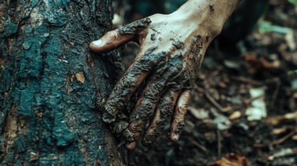 Hand covered in soil touching a tree trunk in a natural setting symbolizing sustainable harvesting and connection to nature.