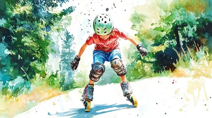 Young Athlete Rollerblading Through a Forest Landscape