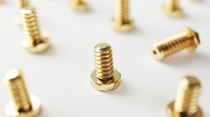 Brass Screws Arranged on a White Background Highlighting Their Shine and Detail