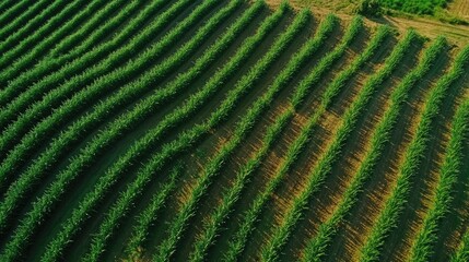 Fototapeta premium Aerial view of lush green cultivated farmland with organized rows of crops under a clear blue sky showcasing agricultural beauty and productivity