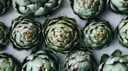 Obraz premium Freshly harvested artichokes arranged on a neutral background showcasing their vibrant green hues and unique textures.