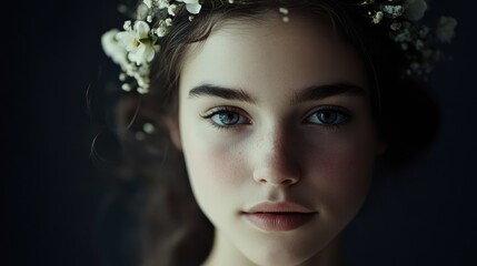 Fototapeta premium Fashion portrait of a young woman with a floral crown against a dark background highlighting her natural beauty and serene expression.