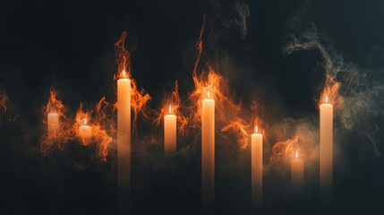 Dynamic abstract flames illuminating traditional Japanese candlestick patterns in a darkened setting showcasing financial market trends.