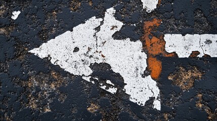 Worn arrow traffic symbol on asphalt road surface indicating direction for further progress