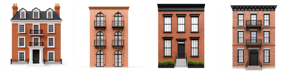 Classic brick townhouses city architecture urban landscape residential buildings brownstone three story building facade windows doors brick wall