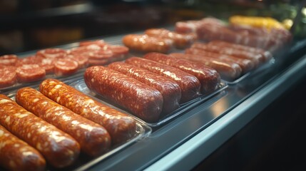 Variety of Boiled Sausages Displayed in a Store Counter for Retail Meat Products