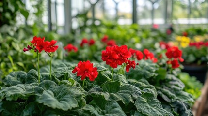 Blooming vibrant red geraniums in a lush botanical garden filled with greenery on a sunny day showcasing nature's beauty.