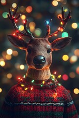 anthropomorphic reindeer in Christmas sweater and with garland, New Year, bokeh background