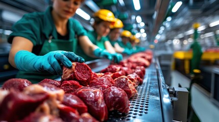 An engaging image depicting dedicated workers collaborating on a meat processing line, highlighting teamwork and the intricacies of food production in the modern world.