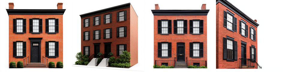 Obraz premium Classic Red Brick Row HousesSereneResidentialArchitectureBuildingFacadeUrbanCityHomesReal EstatePropertyHouseBrickRedColonialWindowsDoorsThree