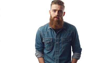 Fototapeta premium Hipster man with beard in denim shirt and jeans posing confidently against a clean white background showcasing modern male fashion style.