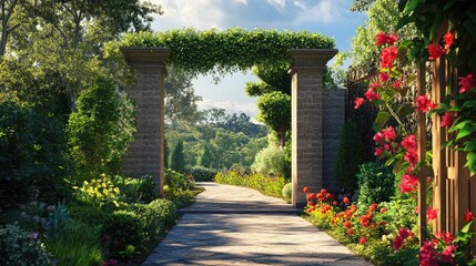 Obraz premium A picturesque garden entrance framed by lush greenery and vibrant flowers inviting visitors into a tranquil natural oasis