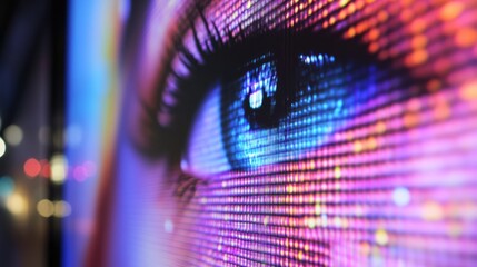 Close up of a vibrant LED screen displaying detailed pixel art with colorful imagery showcasing modern digital technology in outdoor environments