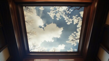 Ceiling view framed by wood with clouds and tree branches creating a serene atmosphere in a well-lit indoor space