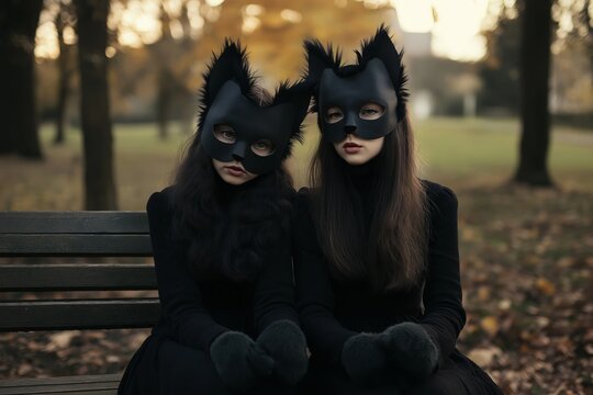 Two young females in cat masks sitting on park bench in autumn setting